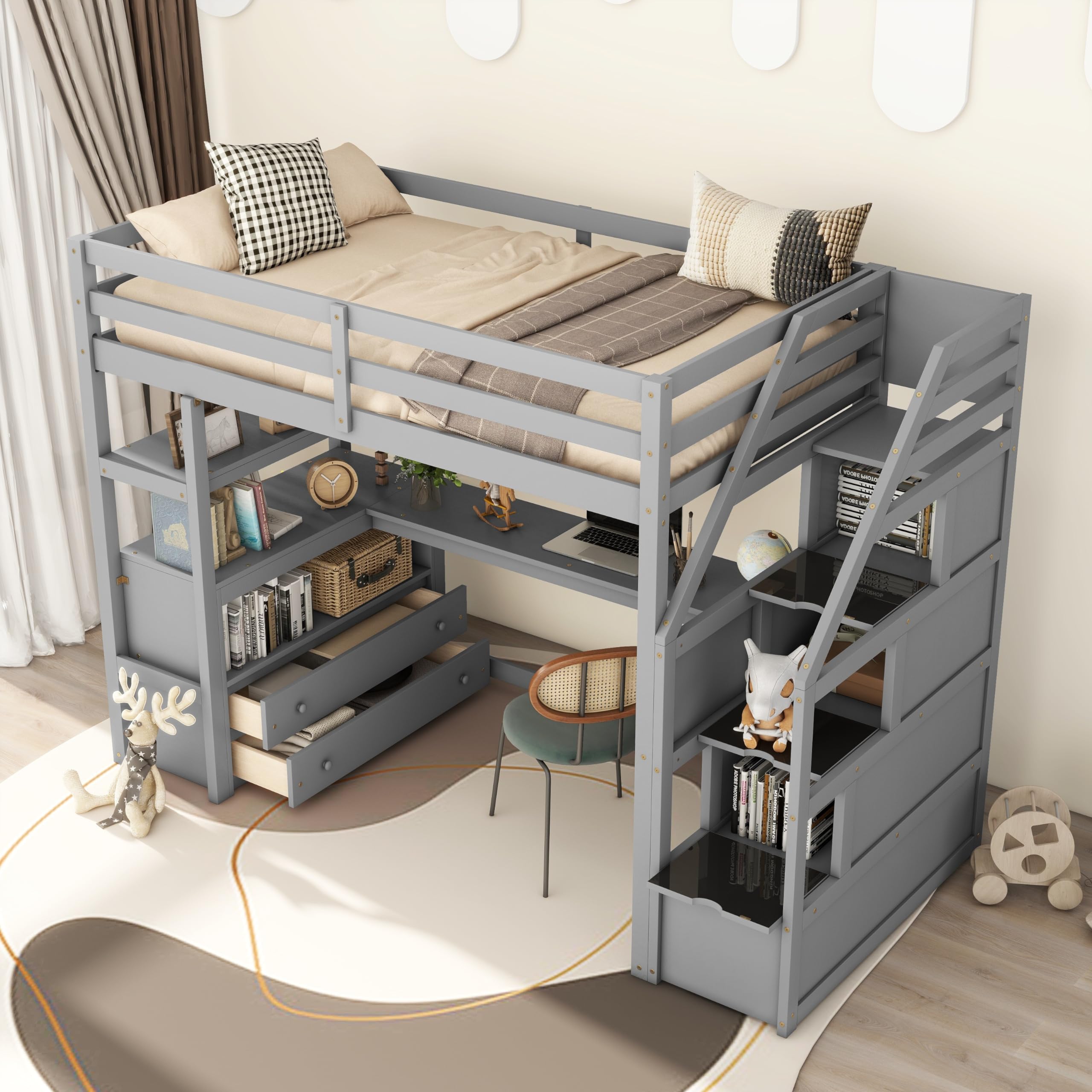 Twin Loft Bed with Stairs and Desk, Wood Loft Bed Frame with Storage Cabinet, High Loft Beds with Drawers & Shelf for Kids, Juniors, Teen, Boys, Girls, Gray