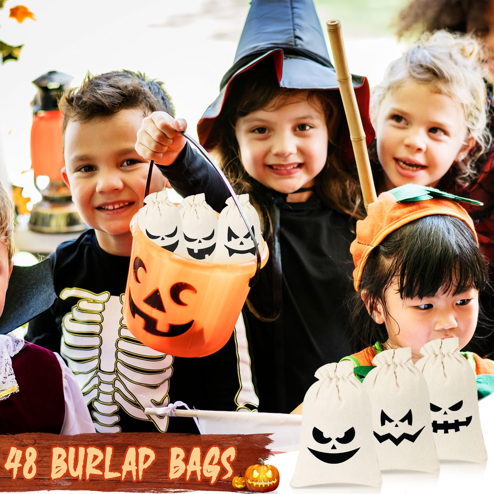 Shappy 48 Pcs 16 Styles Halloween Pumpkin Burlap Candy Bags Bulk with Drawstring Bags 4 x 6 Inch Pumpkin Goody Bags Trick or Treat Halloween Burlap Bags for Kids Halloween Party (White)