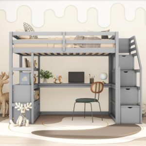 Twin Loft Bed with Stairs and Desk, Wood Loft Bed Frame with Storage Cabinet, High Loft Beds with Drawers & Shelf for Kids, Juniors, Teen, Boys, Girls, Gray