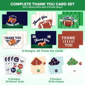 Decorably Thank You Cards with Envelopes & Stickers, Sports-Themed Cards - 24 Pack Football Thank You Cards with Envelopes, Blank Inside 6x4in Sports Thank You Cards Sports, Coach Thank You Cards