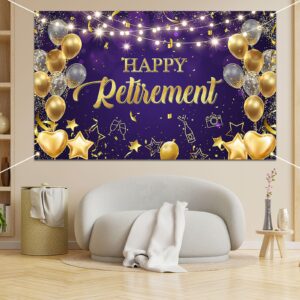 Avezano Happy Retirement Backdrop Purple and Gold Happy Retirement Sign Banner Photo Background with Rope for Retirement Party Decorations (70.8x43.3inch)