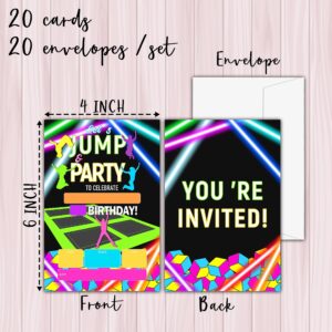 KFNER Jump Birthday Invitations, Neon Glow Trampoline Birthday Party Invitation Card, Bounce House Birthday Party Favors & Celebration Supplies(20 Set of Invitations with Envelopes)-C10