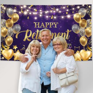 Avezano Happy Retirement Backdrop Purple and Gold Happy Retirement Sign Banner Photo Background with Rope for Retirement Party Decorations (70.8x43.3inch)