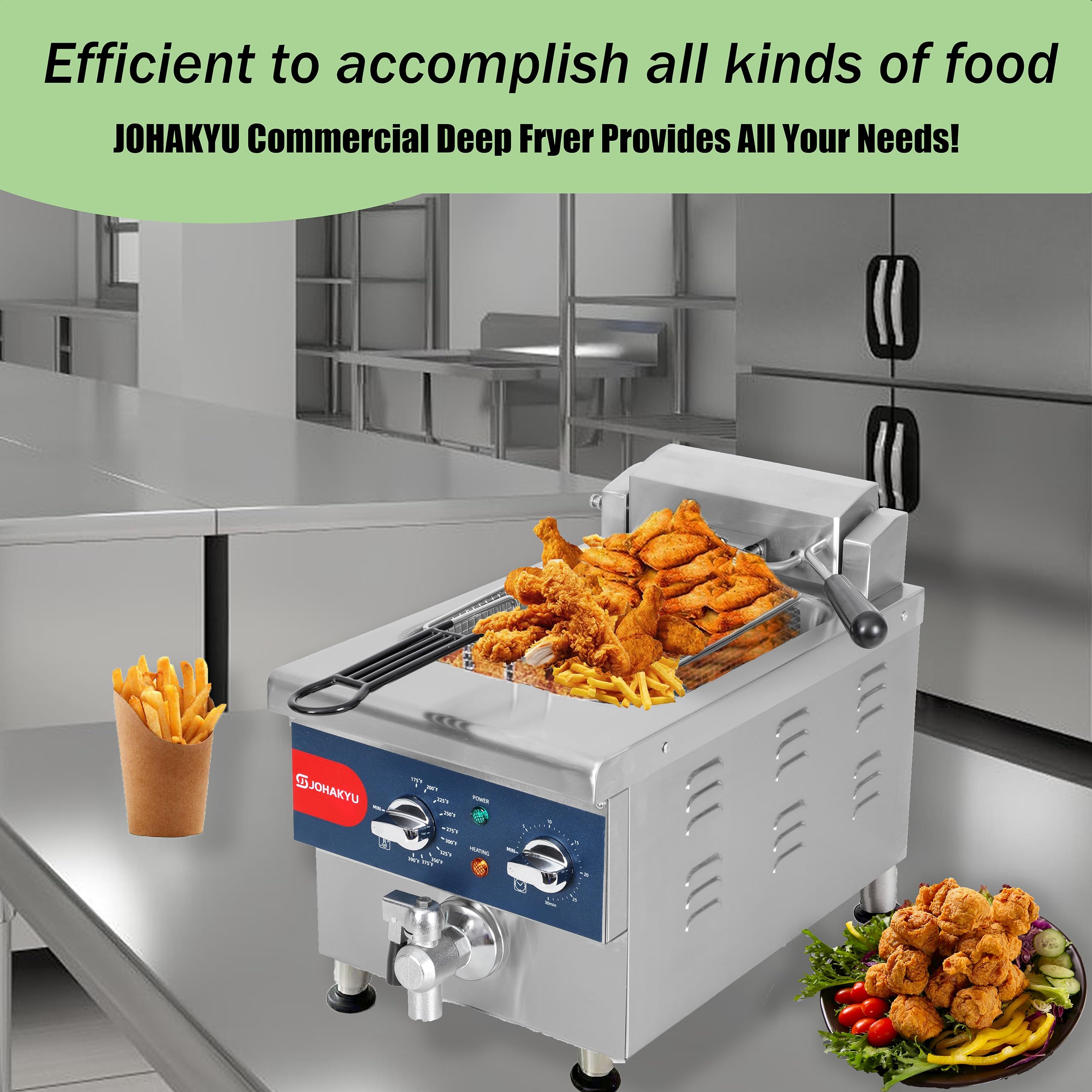 JOHAKYU 6L Commercial Deep Fryer with Basket, Electric Deep Fryer with Timer, Drain, Swung Up Fryer Head, 120v 1800w Electric Countertop Fryer Stainless Steel for Home and Restaurant Use