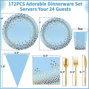 Blue Gold Party Supplies Foil Polka Dots Disposable Tableware Set Serves 24 Guests Star Foil Balloons Tablecloths Pennant Banners Plates for Birthday Wedding Baby Shower Party Graduation Decorations