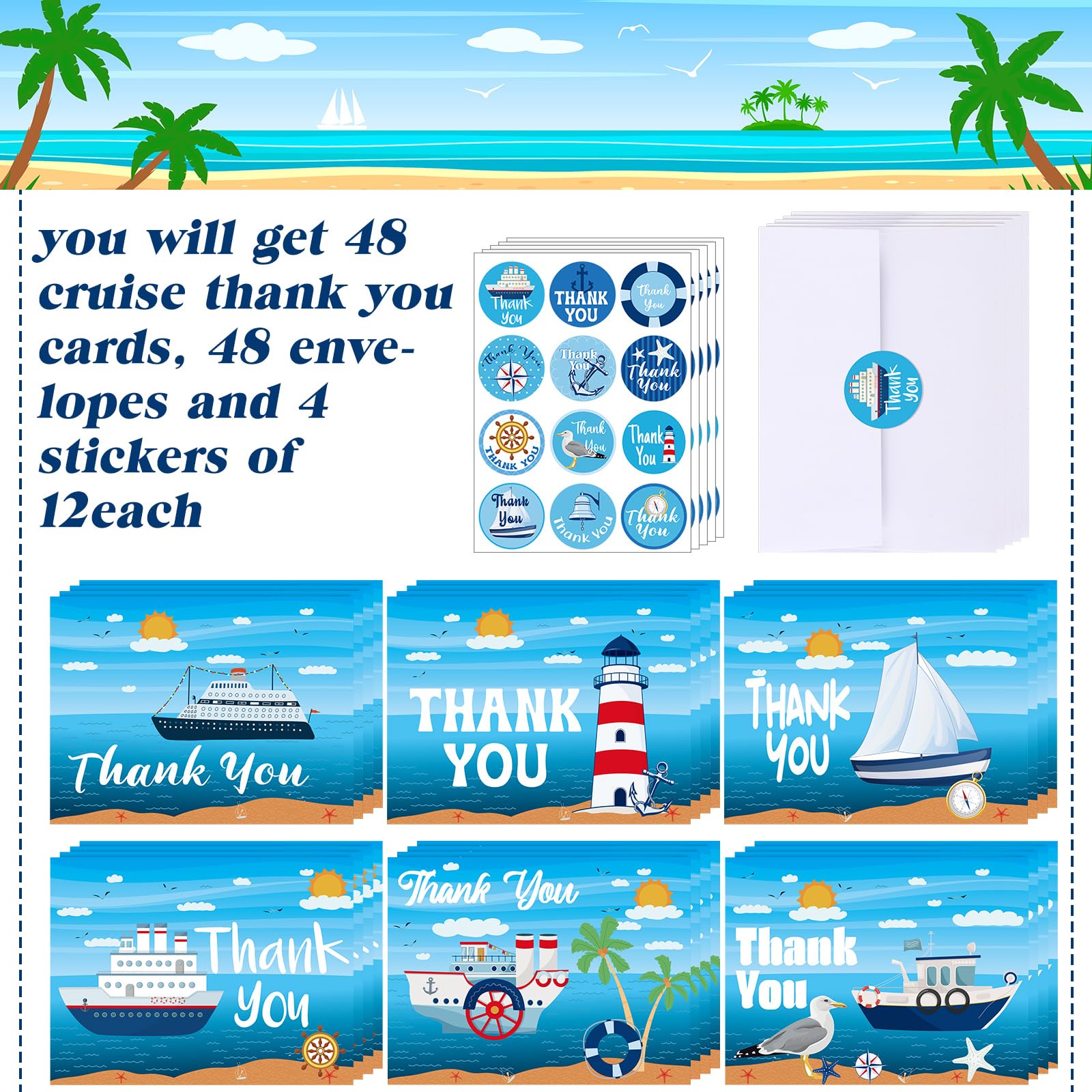 Lincia 48 Pack Cruise Staff Thank You Cards with Envelopes and Stickers Cruise Nautical Thank You Notes for Cruise Staff Thank You Gifts Bulk Cruise Accessories for Ship Boat Birthday Greeting