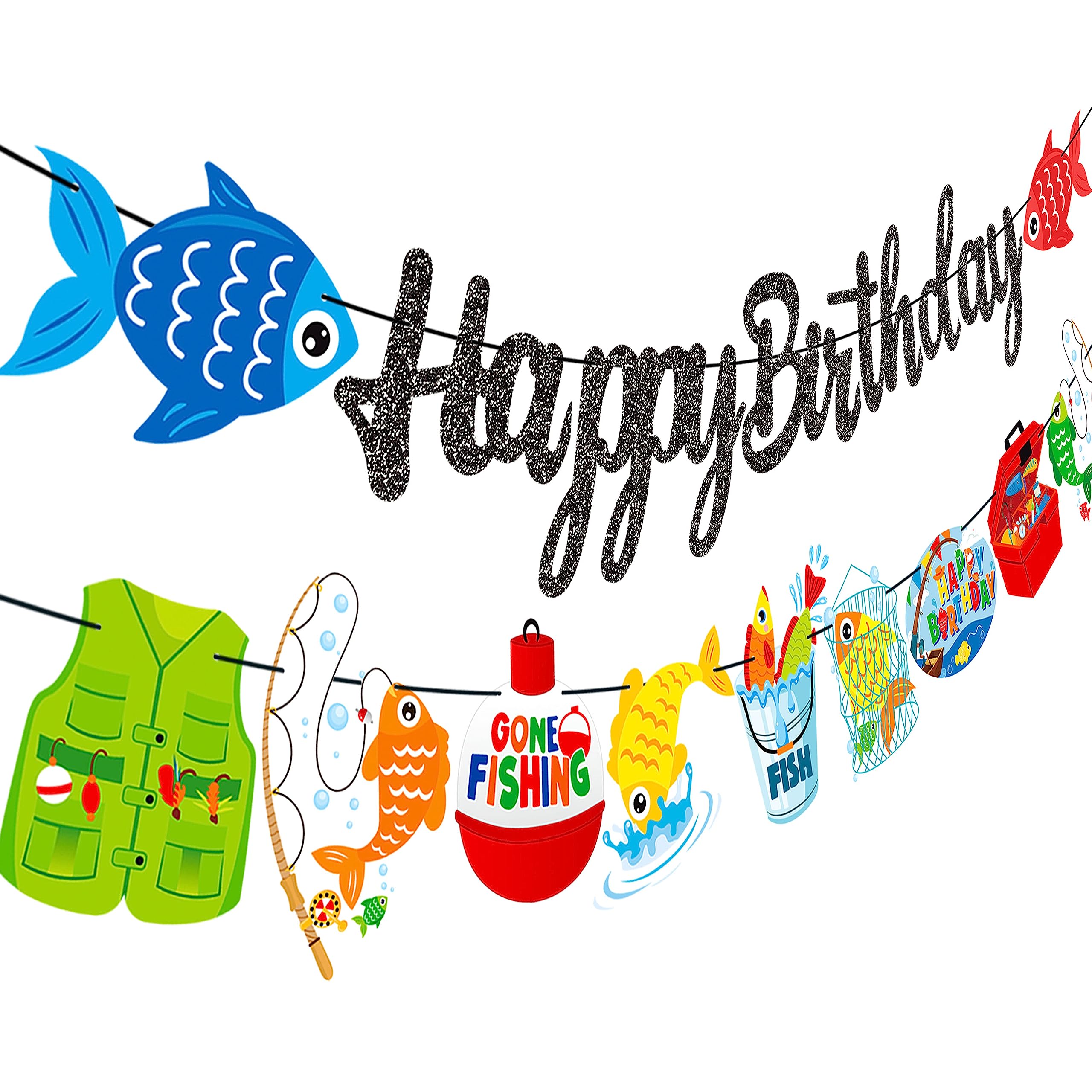 Gone Fishing Happy Birthday Banners Fishing Party Decorations 2Pcs Fisherman Hanging Cutout Garland Banners for Fish Theme Baby Shower Supplies