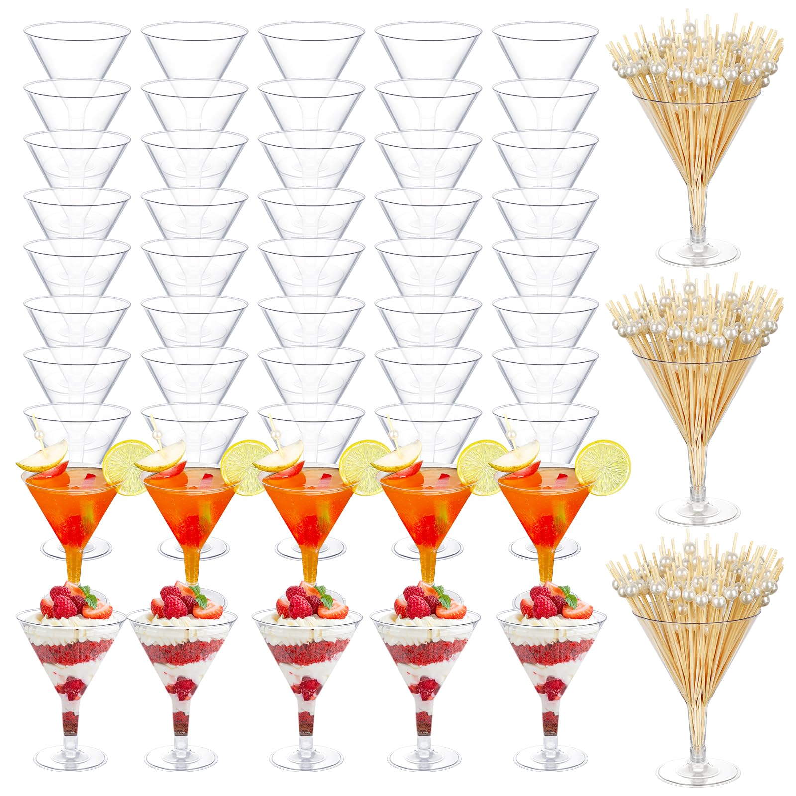 KesaPlan 50 Pack Plastic Martini Glasses Disposable Cocktail Glasses 6.5 oz Martini Plastic Cocktail Glasses with Cocktail sticks, Ice Cream Dessert Cups for Outdoor Bar, Parties, Weddings, Home Party