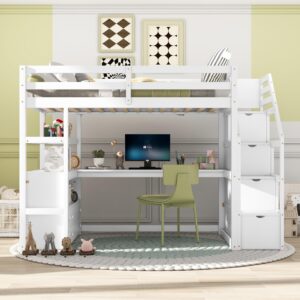 Twin Loft Bed with Stairs and Desk, Wood Loft Bed Frame with Storage Cabinet, High Loft Beds with Drawers & Shelf for Kids, Juniors, Teen, Boys, Girls, White