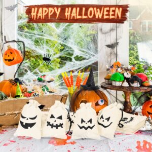 Shappy 48 Pcs 16 Styles Halloween Pumpkin Burlap Candy Bags Bulk with Drawstring Bags 4 x 6 Inch Pumpkin Goody Bags Trick or Treat Halloween Burlap Bags for Kids Halloween Party (White)