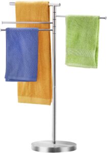 freestanding towel rack, 40 inch tall standing towel racks for bathroom with weighted base, modern floor towel drying holder stand with 4 swivel arms, stainless steel, chrome, yofovi