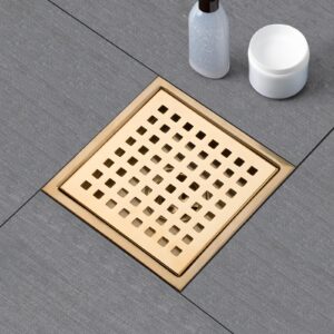 SaniteModar Shower Drain, 6 inch Shower Floor Square Drain with Flange, Removeable Grid Panel SUS 304 Stainless Steel Square Shower Drain, Brushed Gold…