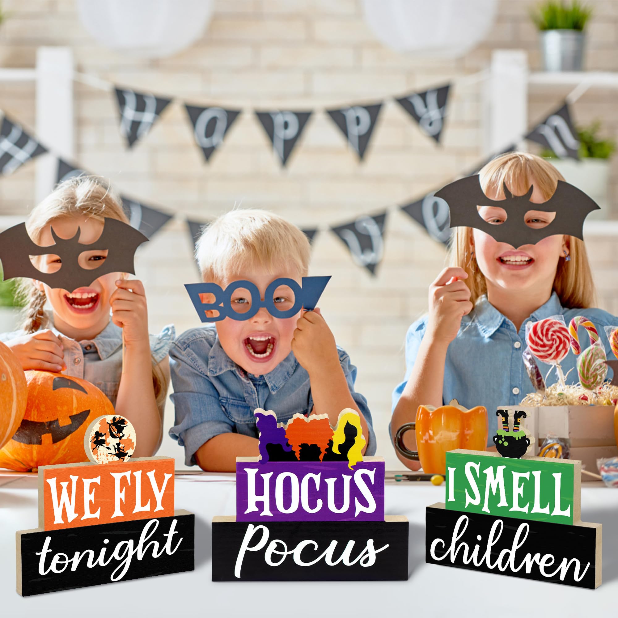 Halloween Decorations Indoor, 3 PCS Halloween Wooden Table Sign Decor, Hocus Pocus Table Centerpiece for Mantle Shelf Tiered Tray, Farmhouse I Smell Children & We Fly Tonight Halloween Wooden Signs