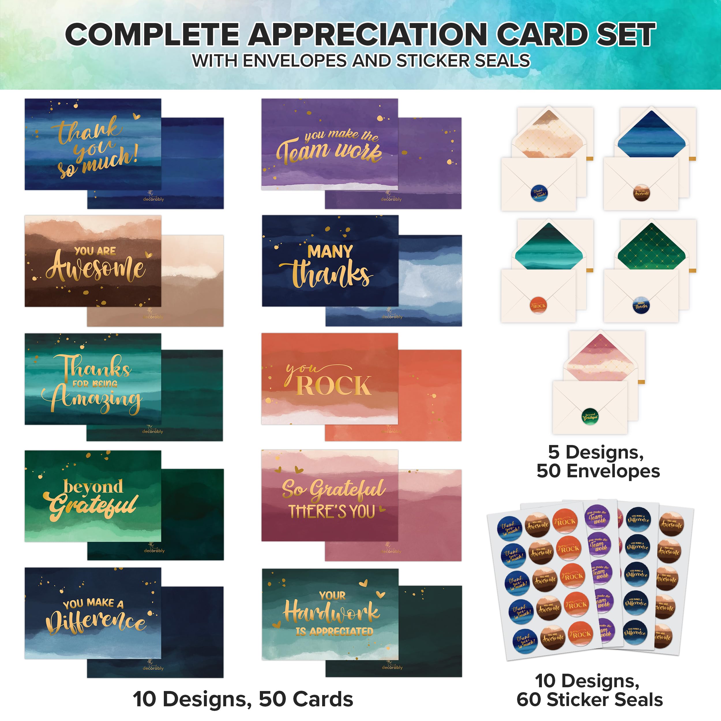 Decorably 50 Pack Gold Foiled Employee Appreciation Cards with Envelopes & Stickers, 10 Designs Blank Inside Employee Thank You Cards, 6x4 Staff Appreciation Cards for Coworkers You Are Awesome Cards