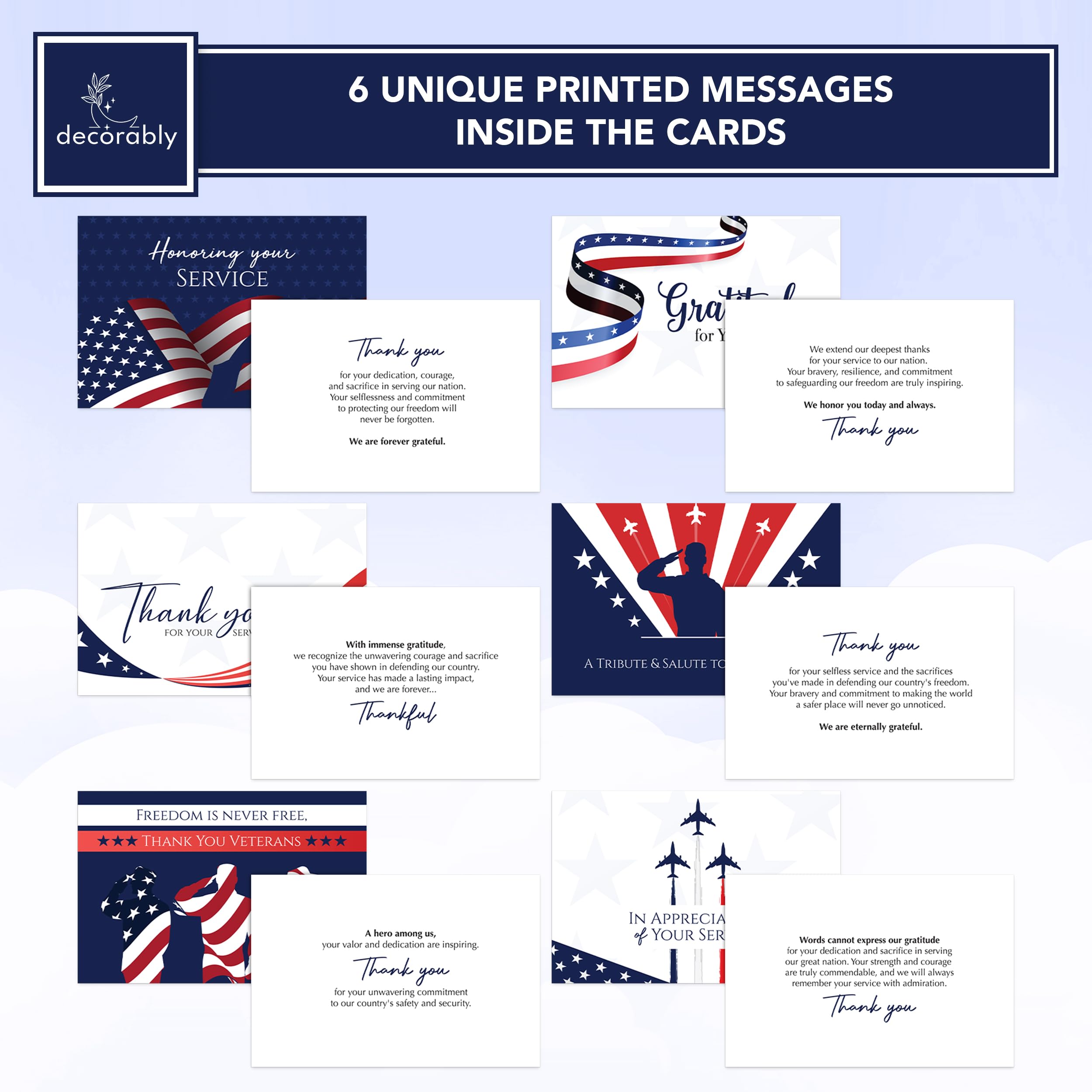 Decorably Special Season Cards with Envelopes & Stickers - 24 Pack Thank You for Your Service Cards, Veteran Thank You Cards, Printed Message Inside 6x4in Patriotic Cards with Envelopes