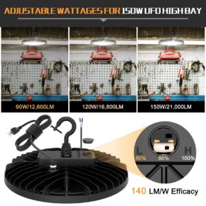 2 Pack High Bay LED Lights 150W 100W 80W Adjustable, 21,000LM 140LM/W High Bay LED Shop Lights 3000K 4000K 5000K Tunable CCT, UFO LED Warehouse Lights for Commercial Workshop Factory AC100-277V