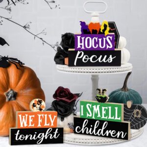 Halloween Decorations Indoor, 3 PCS Halloween Wooden Table Sign Decor, Hocus Pocus Table Centerpiece for Mantle Shelf Tiered Tray, Farmhouse I Smell Children & We Fly Tonight Halloween Wooden Signs