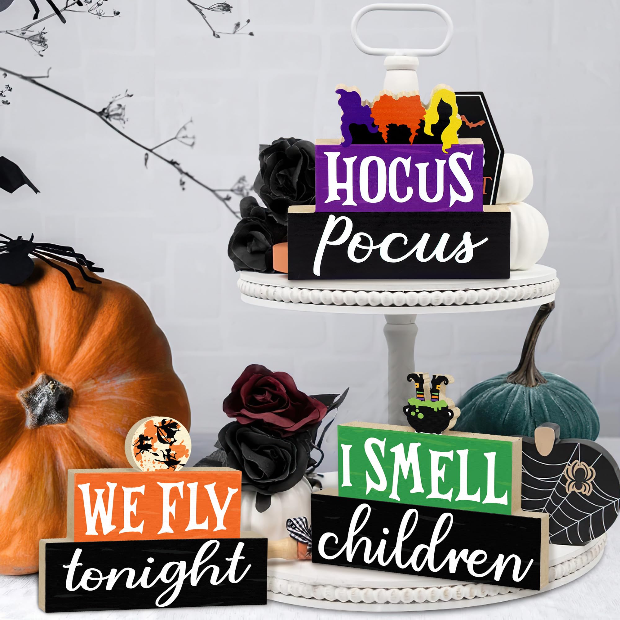 Halloween Decorations Indoor, 3 PCS Halloween Wooden Table Sign Decor, Hocus Pocus Table Centerpiece for Mantle Shelf Tiered Tray, Farmhouse I Smell Children & We Fly Tonight Halloween Wooden Signs