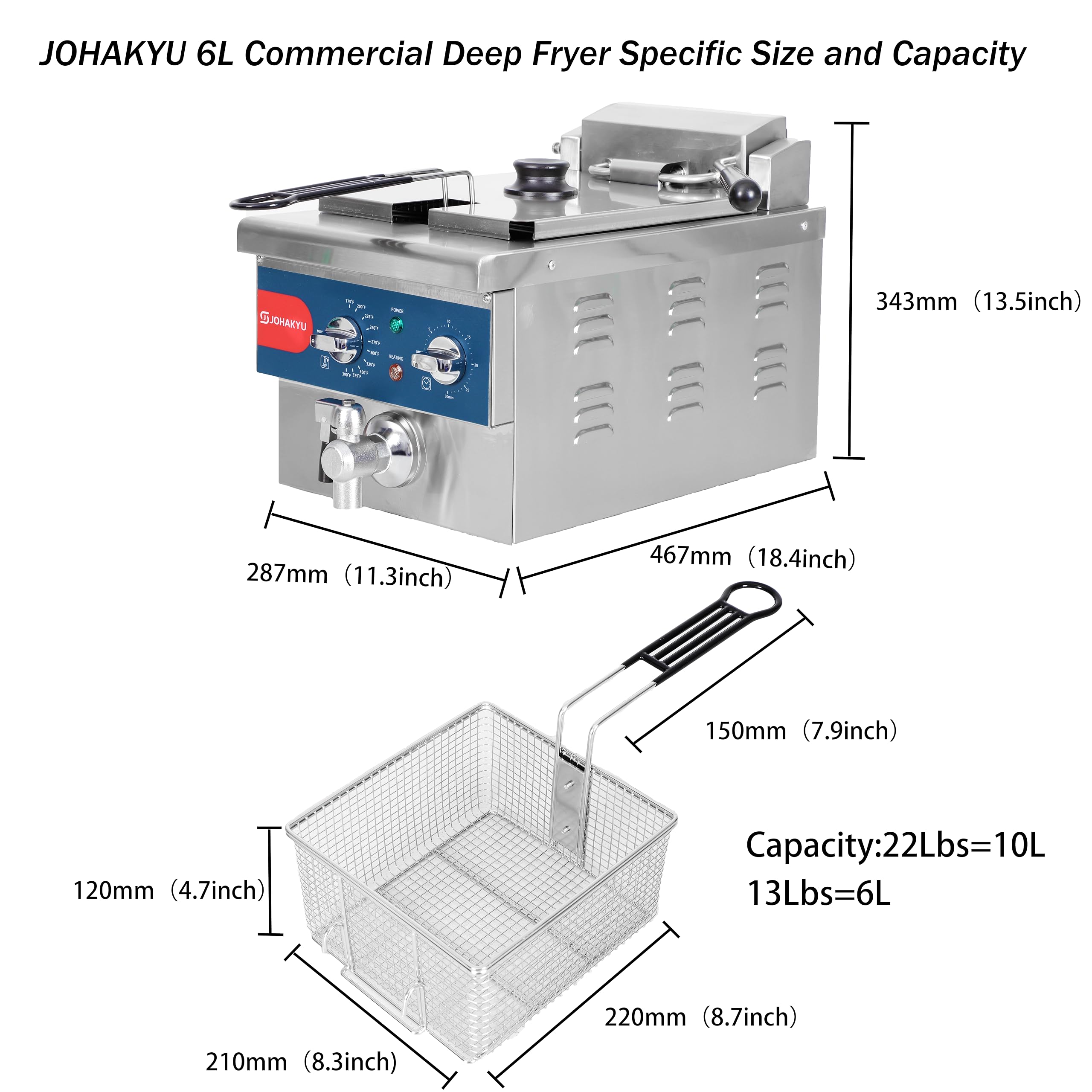 JOHAKYU 6L Commercial Deep Fryer with Basket, Electric Deep Fryer with Timer, Drain, Swung Up Fryer Head, 120v 1800w Electric Countertop Fryer Stainless Steel for Home and Restaurant Use