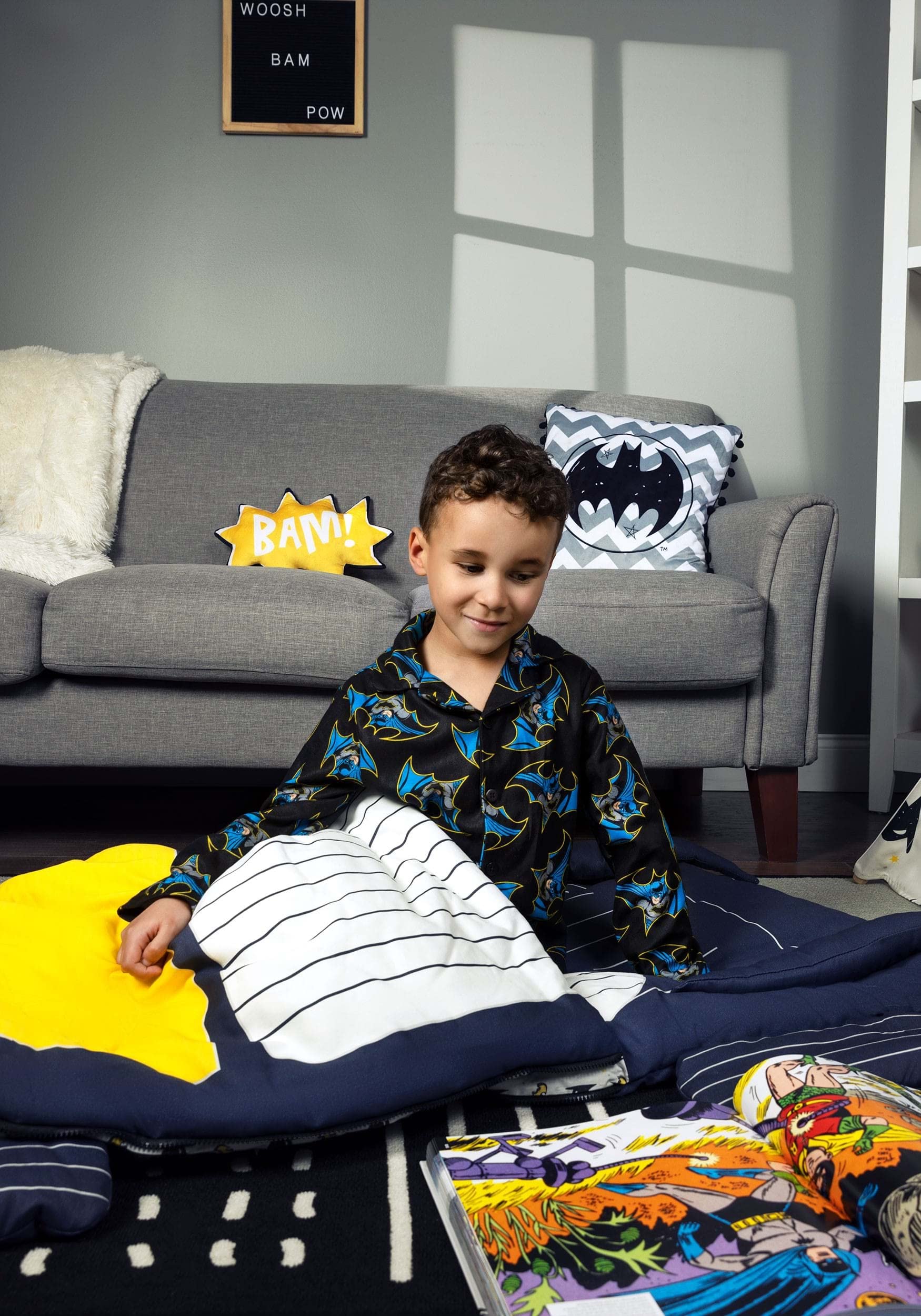 Batman Batmobile Kids Sleepover Bag Superhero Slumber Mat with Built-in Pillow, Cozy & Soft