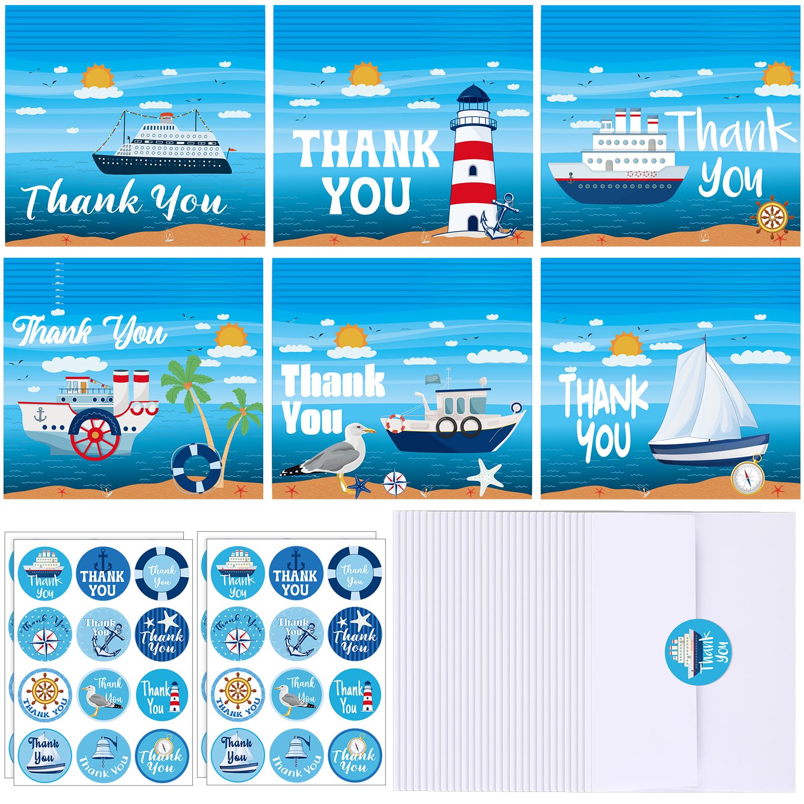 Lincia 48 Pack Cruise Staff Thank You Cards with Envelopes and Stickers Cruise Nautical Thank You Notes for Cruise Staff Thank You Gifts Bulk Cruise Accessories for Ship Boat Birthday Greeting