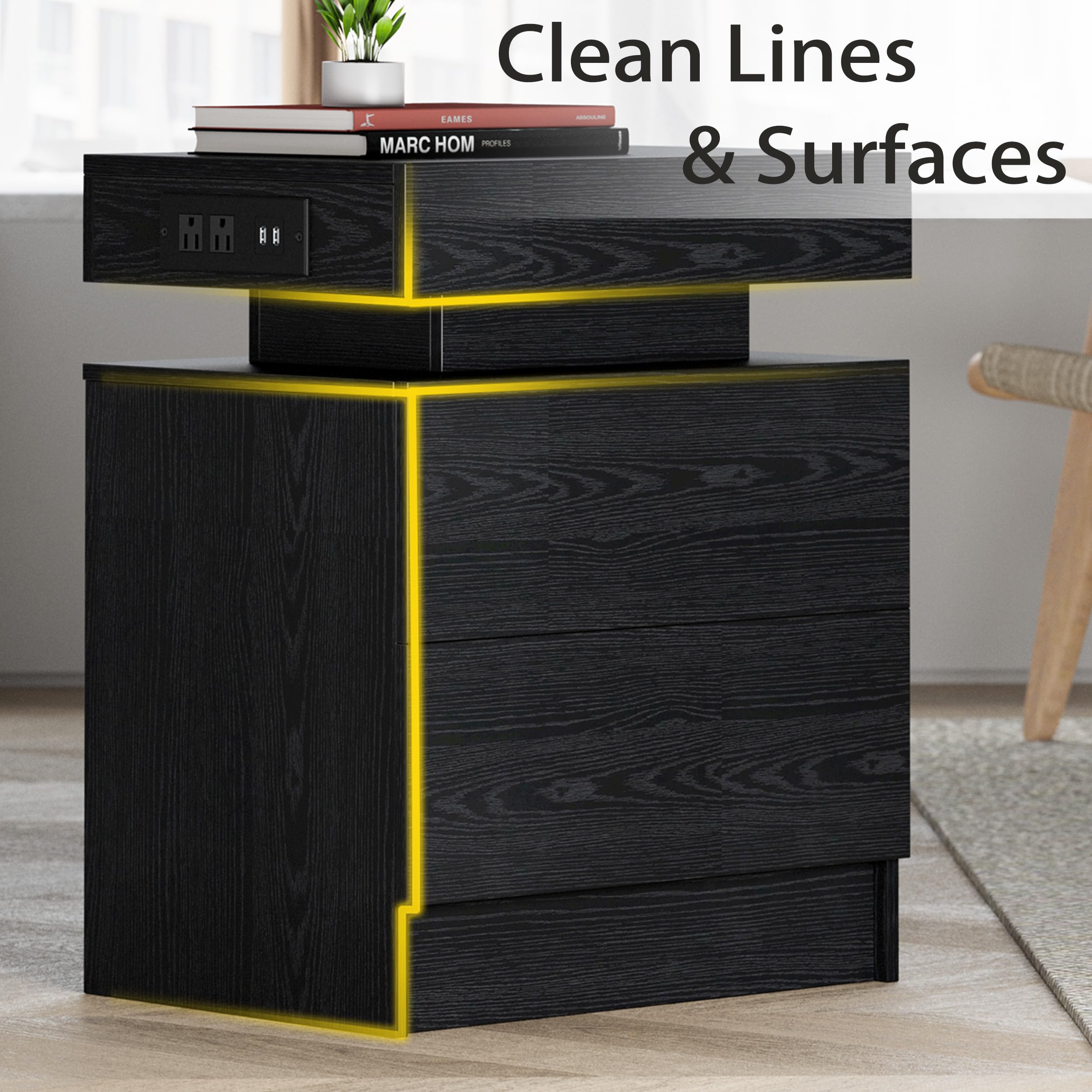 LIKIMIO Night Stand with Charging Station, Modern Black Nightstand with LED Light and Drawers, Bedside Tables/End Table for Bedroom