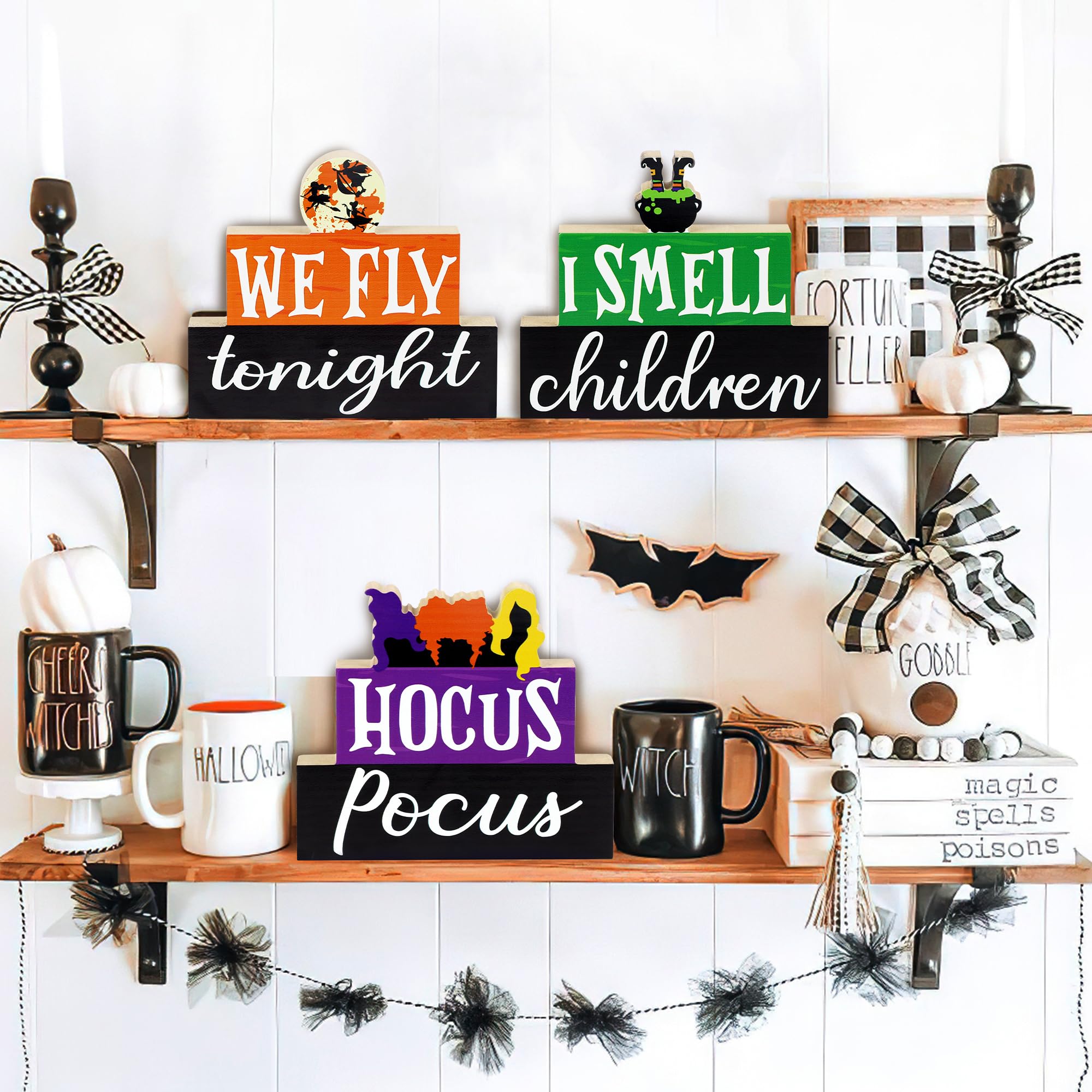 Halloween Decorations Indoor, 3 PCS Halloween Wooden Table Sign Decor, Hocus Pocus Table Centerpiece for Mantle Shelf Tiered Tray, Farmhouse I Smell Children & We Fly Tonight Halloween Wooden Signs