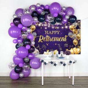 Avezano Happy Retirement Backdrop Purple and Gold Happy Retirement Sign Banner Photo Background with Rope for Retirement Party Decorations (70.8x43.3inch)