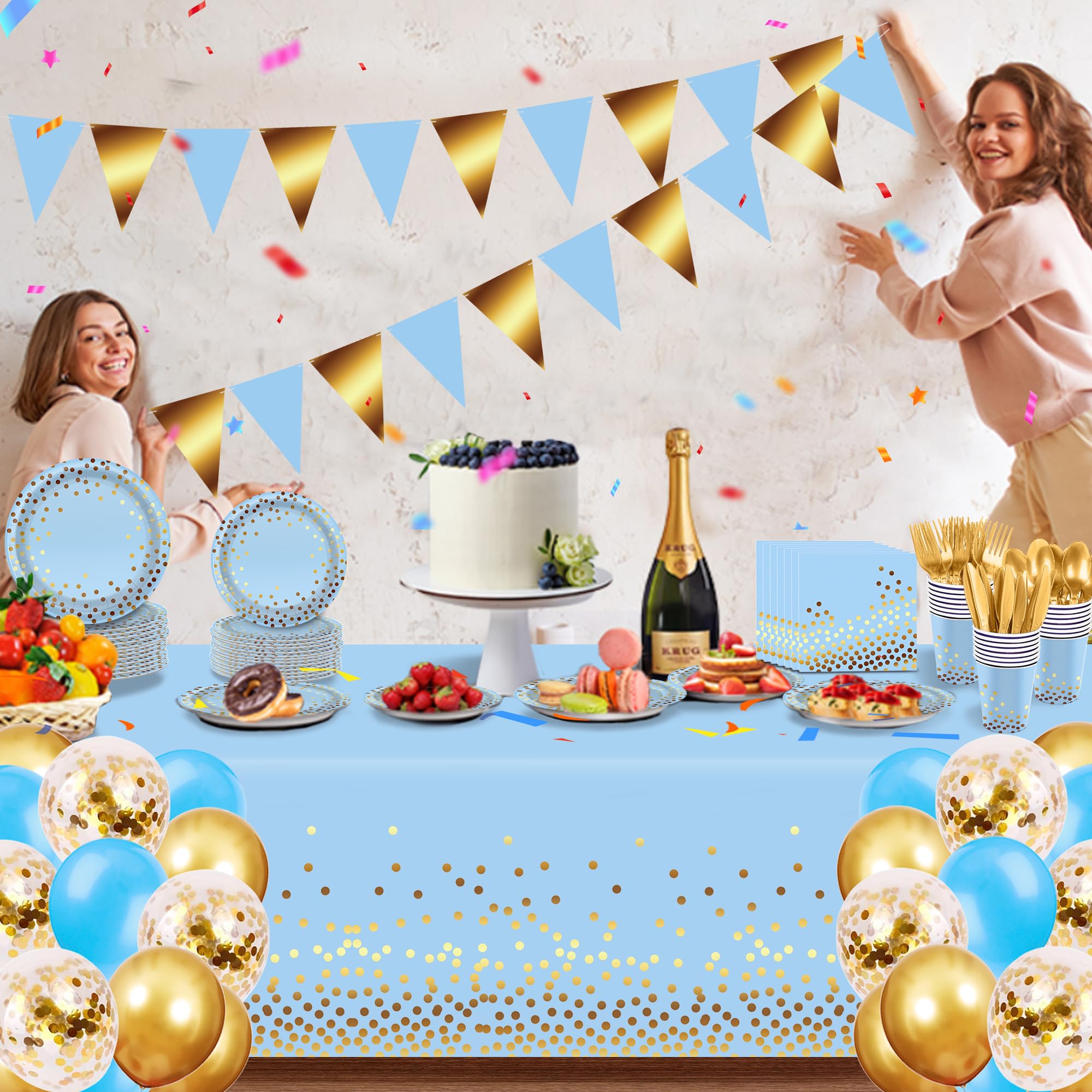 Blue Gold Party Supplies Foil Polka Dots Disposable Tableware Set Serves 24 Guests Star Foil Balloons Tablecloths Pennant Banners Plates for Birthday Wedding Baby Shower Party Graduation Decorations