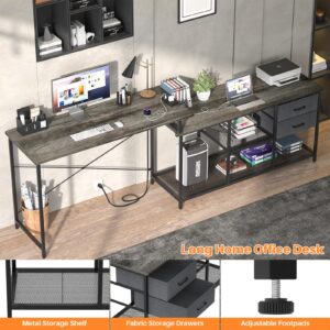 Homieasy Reversible L Shaped Desk with Power Outlet, Corner Computer Desk with Drawers and Storage Shelves, L-Shaped Long Home Office Desk Study Writing Desk Gaming Desk, Grey Oak