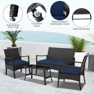 Tangkula 4 Pieces Outdoor Conversation Set, Patio PE Wicker Sofa with Tempered Glass Coffee Table, Soft Seat Cushions Included, Modern Rattan Chair Table Set for Porch, Backyard (1, Navy)