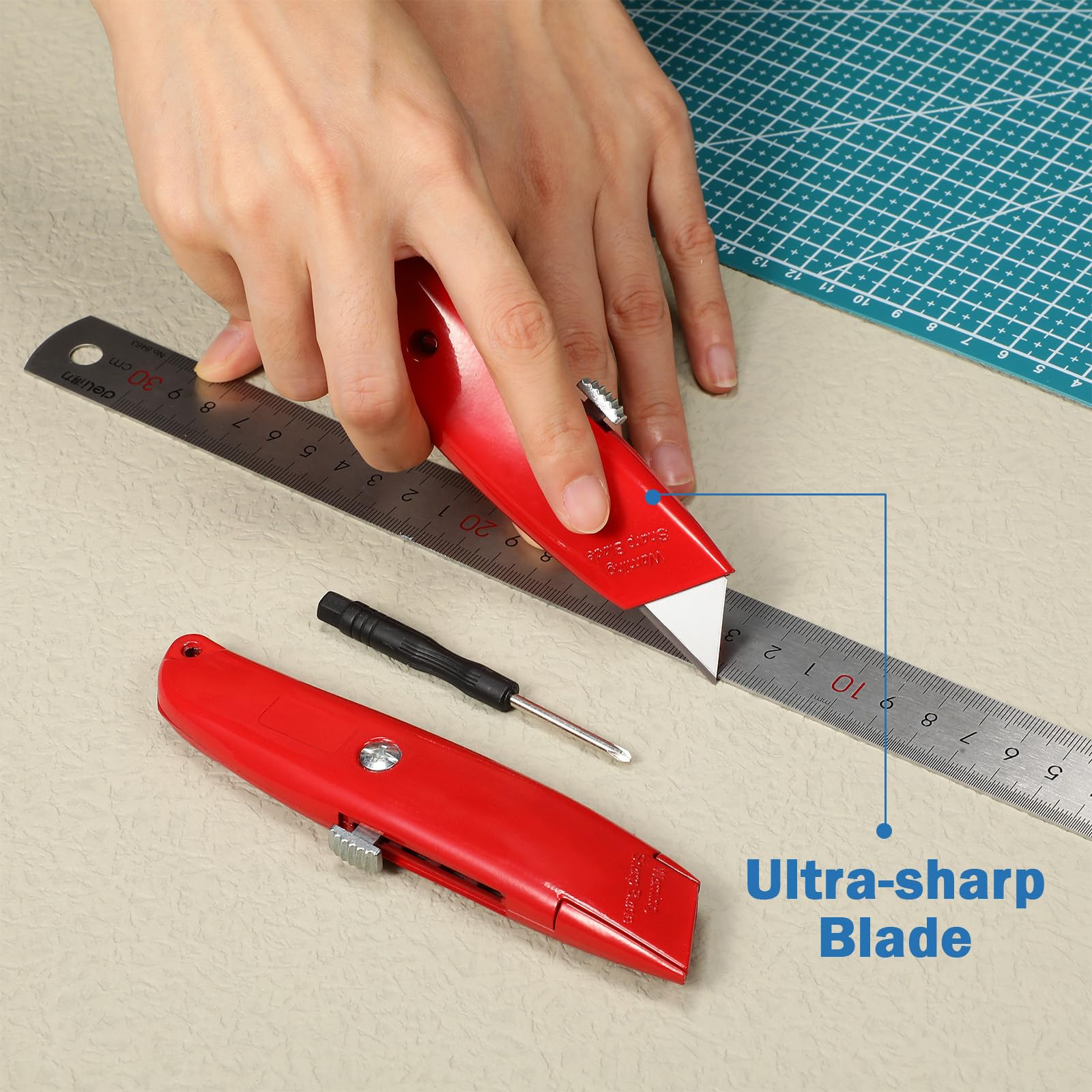 30 Pcs Box Cutter Bulk Retractable Blade Utility Knife Heavy Duty Aluminum Alloy Razor Shell Knife Razor Knife for Cartons, Cardboard and Boxes, DIY, Factory, Home, Office, Craft (Red)