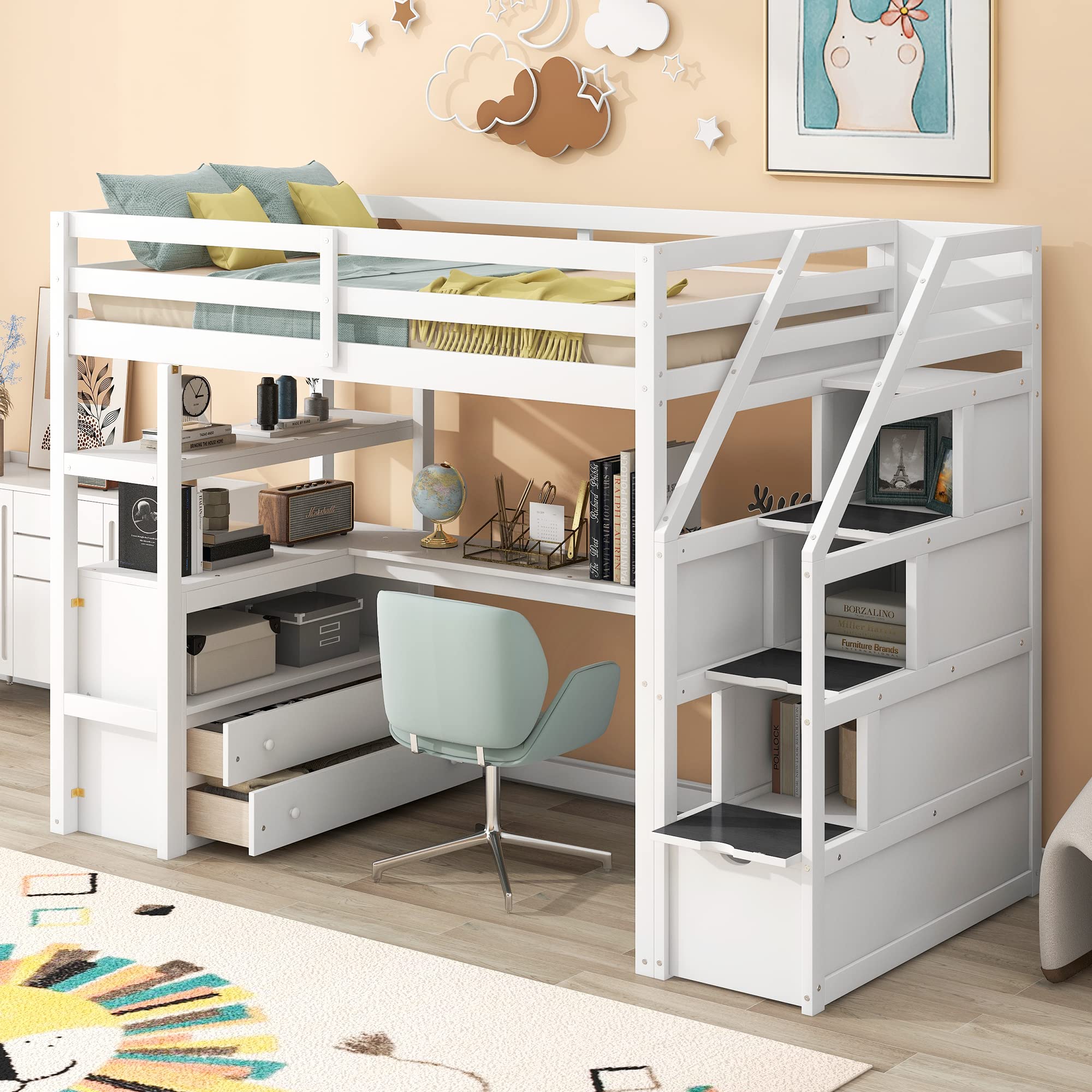 Harper & Bright Designs Twin Size Loft Bed with Desk and Storage Stairs, Wood Loft Bed Twin with Shelves & Storage Drawers,Twin Loft Bed with Desk Underneath for Kids Teens Boys Girls (Twin, White)