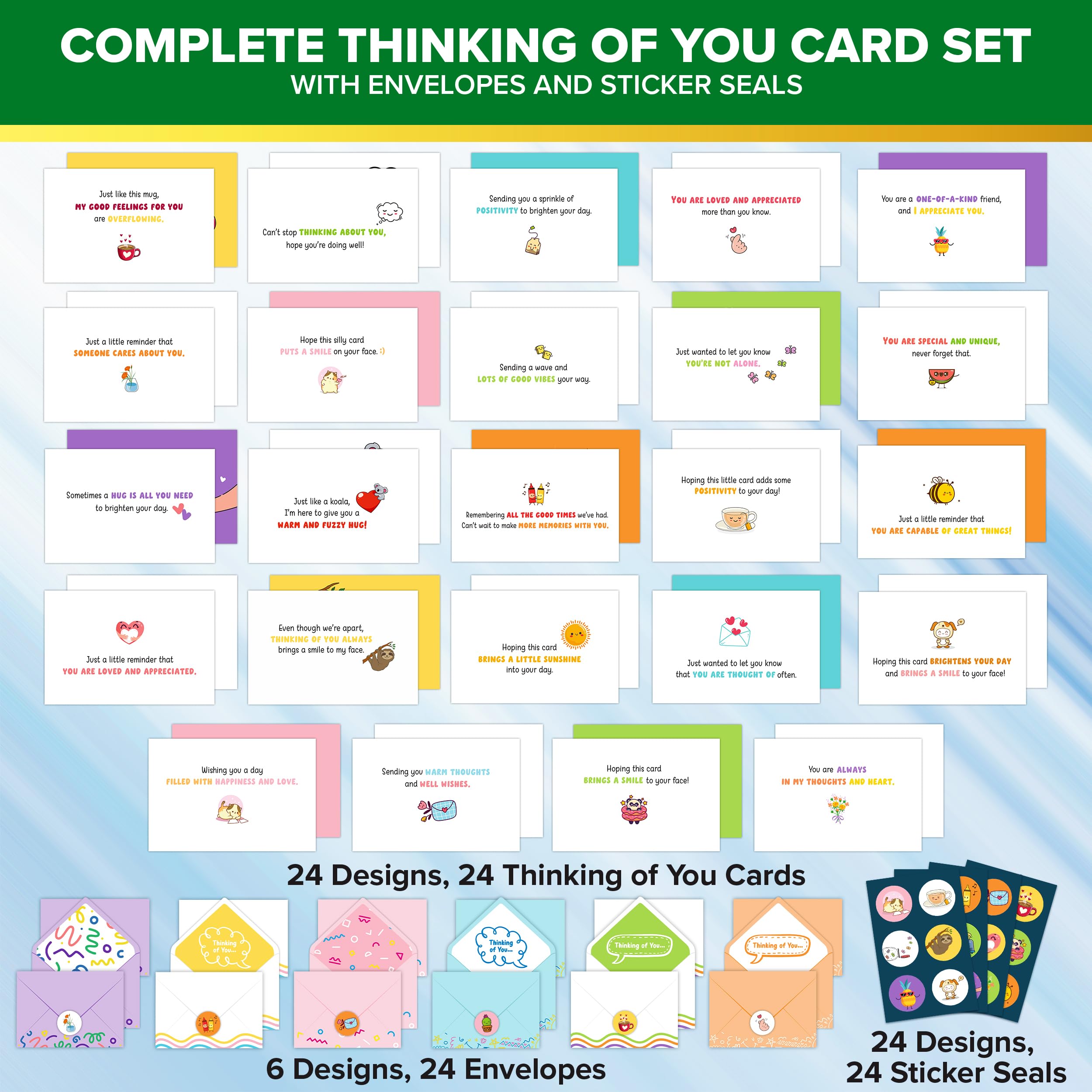 Decorably 24 Pack Funny Thinking of You Cards with Envelopes & Stickers, 24 Unique Designs Printed Message Greeting Cards Thinking of You Greeting Cards, 6x4 Box of Cards Thinking of You Cards Funny