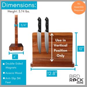 BIRDROCK HOME Wooden Magnetic Knife Block | Acacia Wood Knife Storage | Double-Sided Strong Magnetic Knife Holder | Knife Organizer for Kitchen & Space-Saving Design | No Knives Included | 12.8"Lx10"H