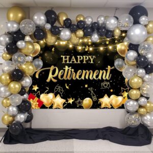 Avezano Happy Retirement Backdrop Black and Gold Happy Retirement Sign Banner Photo Background with Rope for Retirement Party Decorations (70.8x43.3inch)