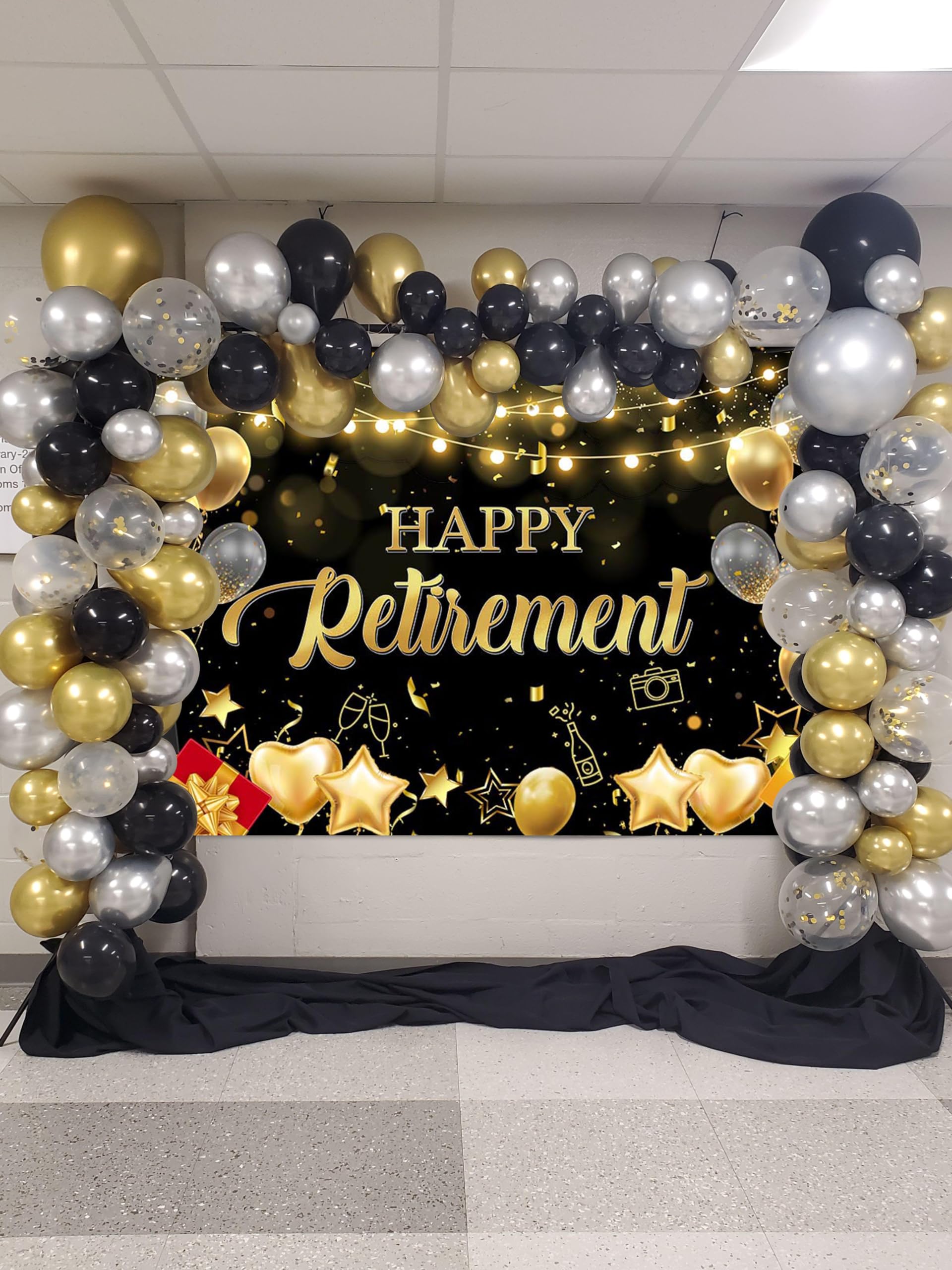 Avezano Happy Retirement Backdrop Black and Gold Happy Retirement Sign Banner Photo Background with Rope for Retirement Party Decorations (70.8x43.3inch)