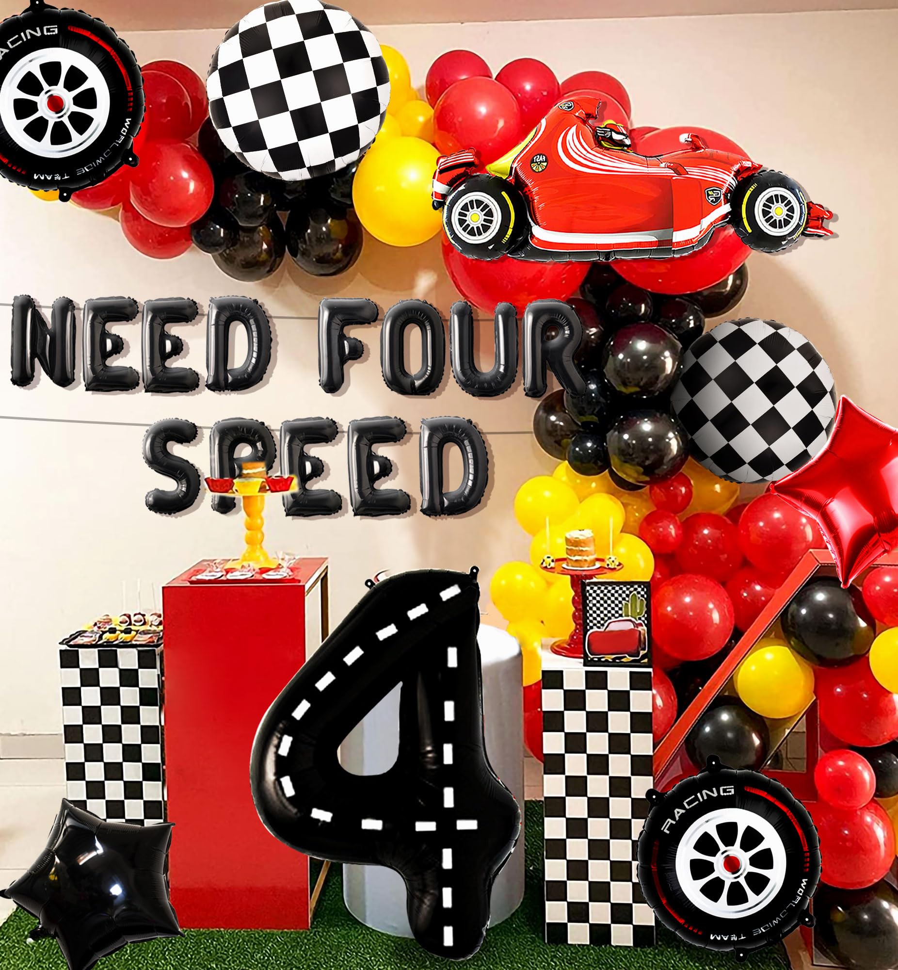 JeVenis Need Four Speed Birthday Decoration Need Four Speed Balloons Backdrop Racing Car 4th Birthday Decoration Boys 4th Birthday Party Supplies Car Balloons