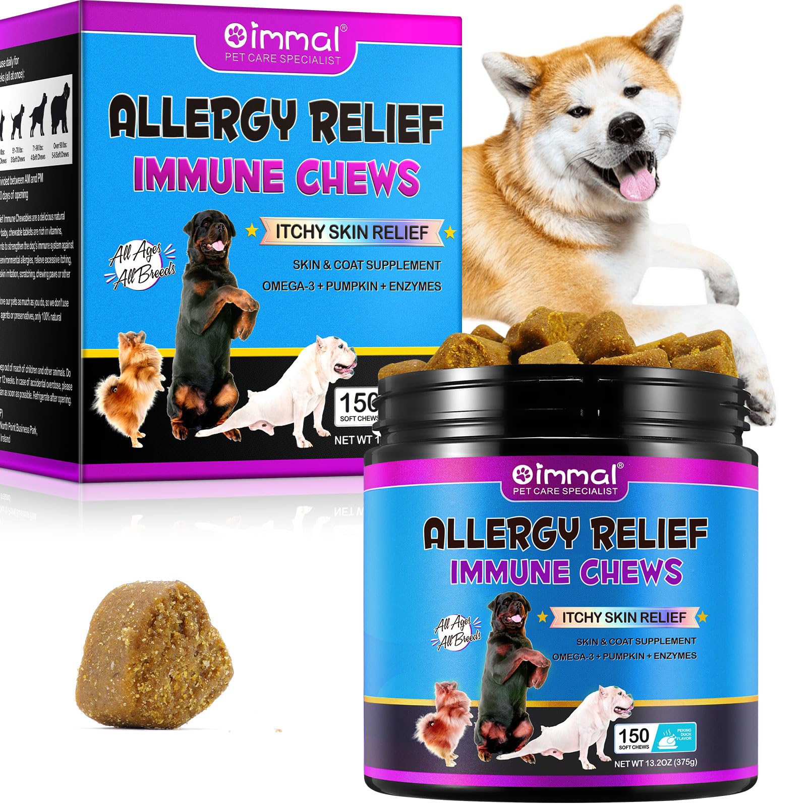 Dog Allergy Relief Chews, Dog Allergy Chews (150 Count), Itch Relief for Dogs, Omega 3 Fish Oil + Pumpkin Enzymes + DHA for Dogs, Anti Hot Spots + Seasonal Allergies, Skin & Coat Immune Health