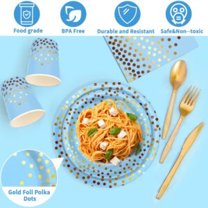 Blue Gold Party Supplies Foil Polka Dots Disposable Tableware Set Serves 24 Guests Star Foil Balloons Tablecloths Pennant Banners Plates for Birthday Wedding Baby Shower Party Graduation Decorations