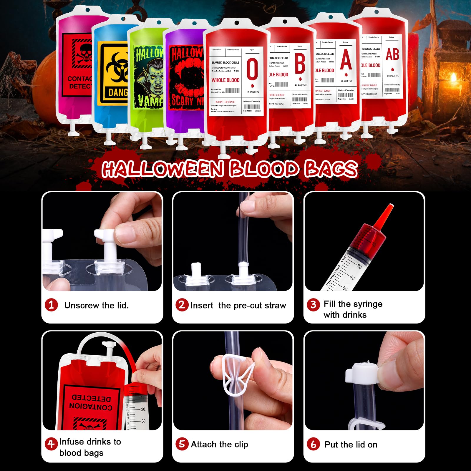 MGparty 80 Packs Blood Bags for Drink, Blood IV Bags for Halloween Party Decoration Drink Container Juice Pouch Prop for Zombie Vampire Theme Party Props (80Pcs Bag, 5 Syringes)