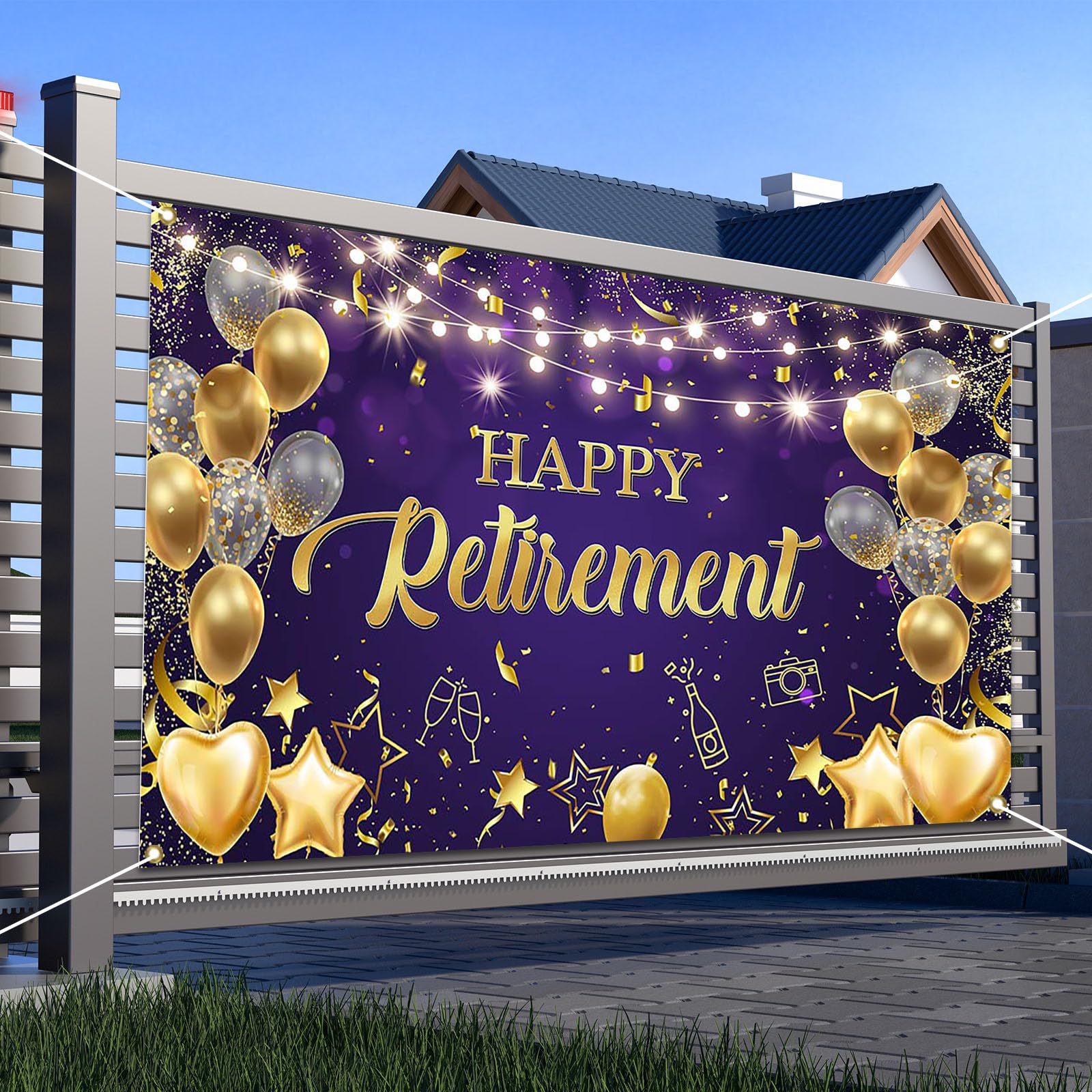 Avezano Happy Retirement Backdrop Purple and Gold Happy Retirement Sign Banner Photo Background with Rope for Retirement Party Decorations (70.8x43.3inch)