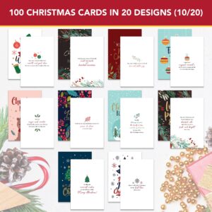 Decorably 100 Pack Foiled & Glittery Christmas Cards with Envelopes & Stickers, 20 Designs Printed Message Inside Christmas Cards Bulk, 4x6in Merry Christmas Card, Boxed Christmas Cards with Envelopes