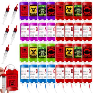 mgparty 80 packs blood bags for drink, blood iv bags for halloween party decoration drink container juice pouch prop for zombie vampire theme party props (80pcs bag, 5 syringes)