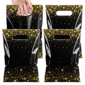 pasimy 50 pcs black and gold party favor gift bags die cut plastic treat goodie merchandise with handle for birthday party wedding bridal baby shower christmas new year gift supplies