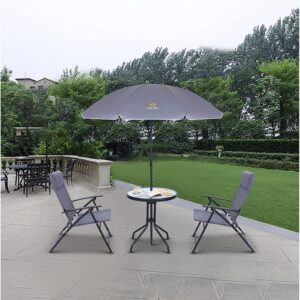 4-Piece Bistro Set Patio Dining Garden Outdoor Table with Tilted Removable Umbrella Glass and 2 Folding Chairs Grey Metal