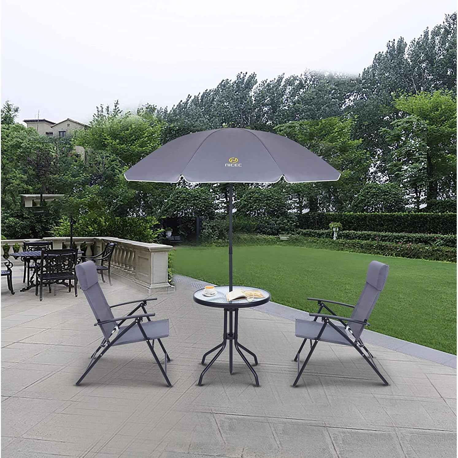 4-Piece Bistro Set Patio Dining Garden Outdoor Table with Tilted Removable Umbrella Glass and 2 Folding Chairs Grey Metal