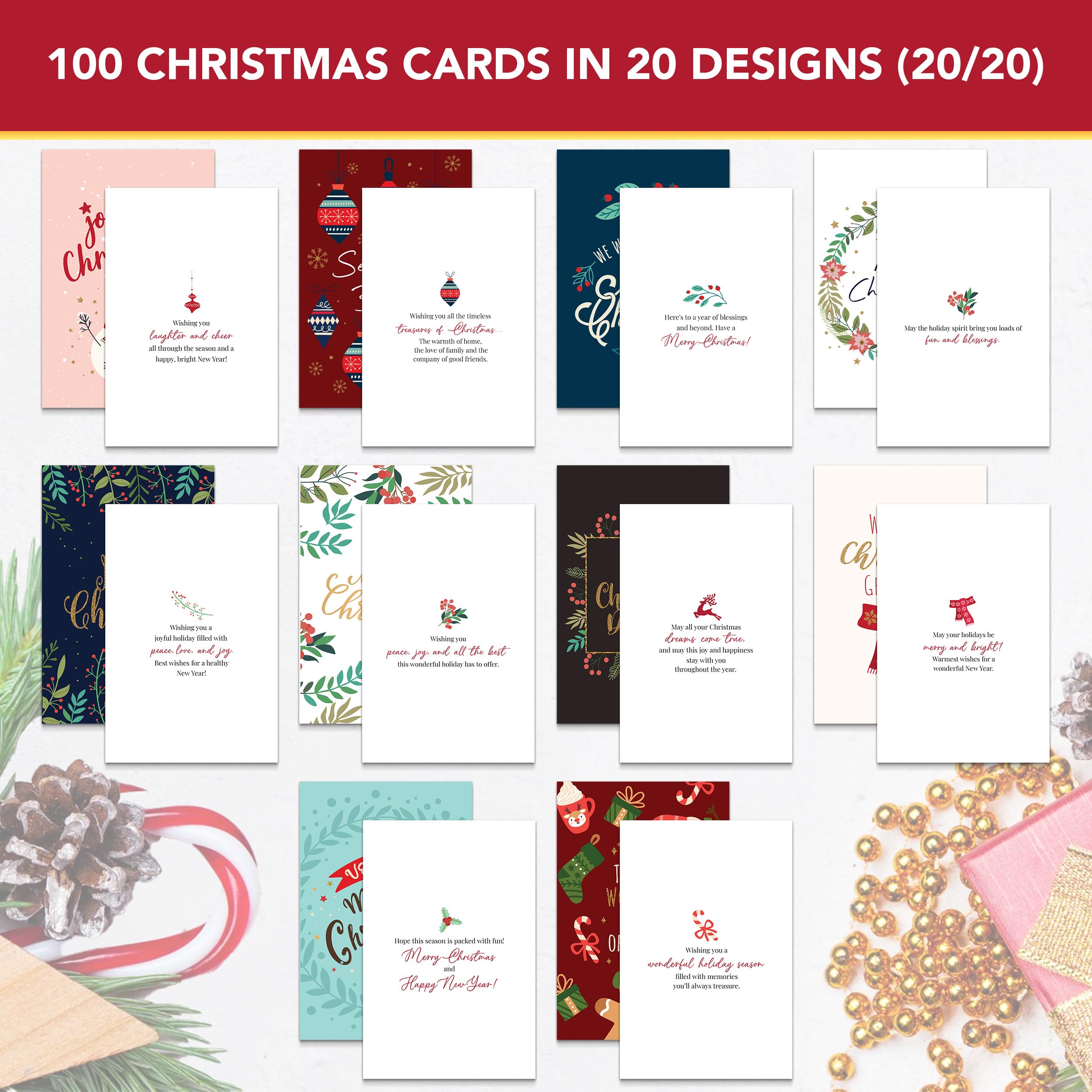 Decorably 100 Pack Foiled & Glittery Christmas Cards with Envelopes & Stickers, 20 Designs Printed Message Inside Christmas Cards Bulk, 4x6in Merry Christmas Card, Boxed Christmas Cards with Envelopes