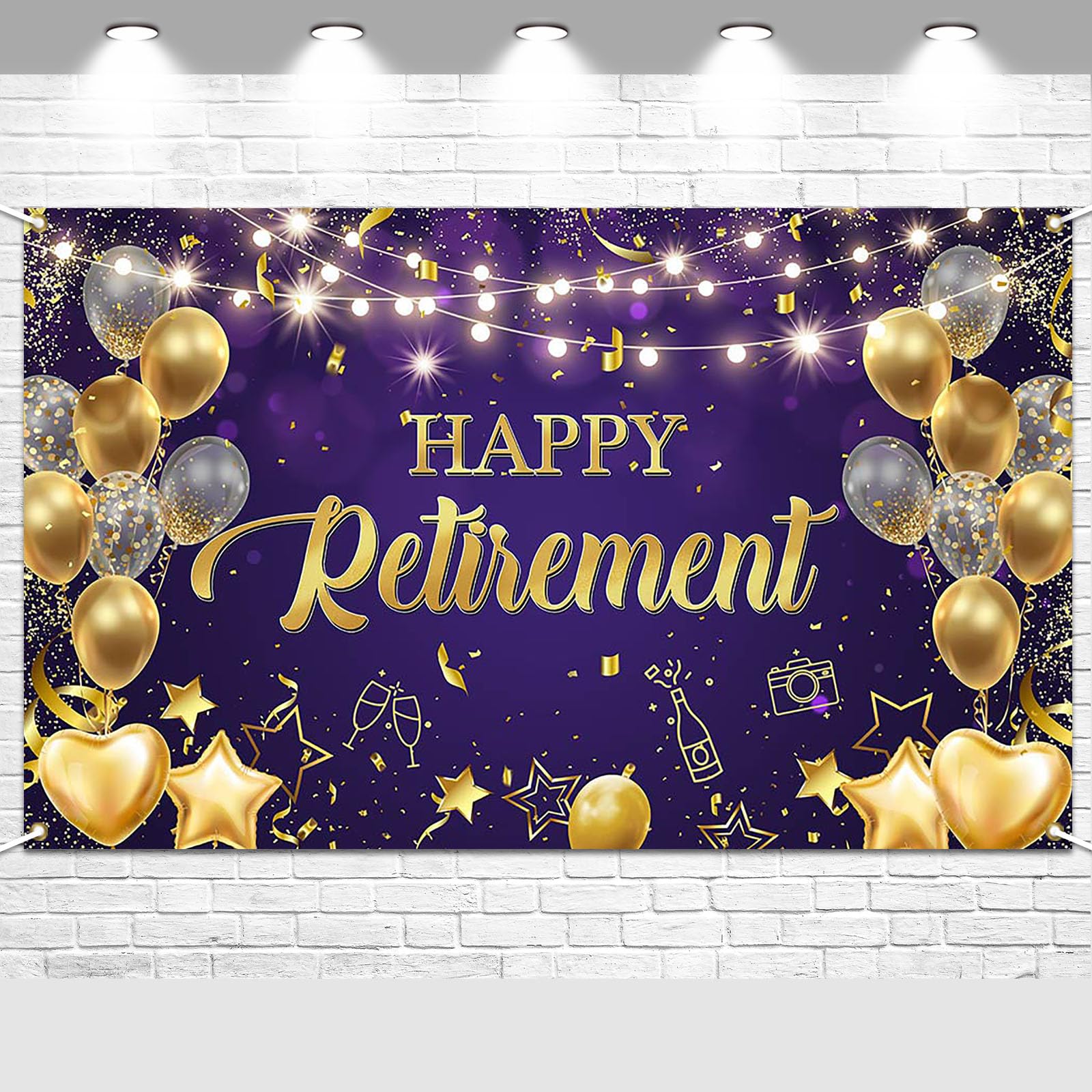 Avezano Happy Retirement Backdrop Purple and Gold Happy Retirement Sign Banner Photo Background with Rope for Retirement Party Decorations (70.8x43.3inch)