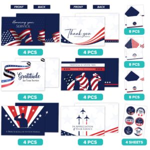 Decorably Special Season Cards with Envelopes & Stickers - 24 Pack Thank You for Your Service Cards, Veteran Thank You Cards, Printed Message Inside 6x4in Patriotic Cards with Envelopes